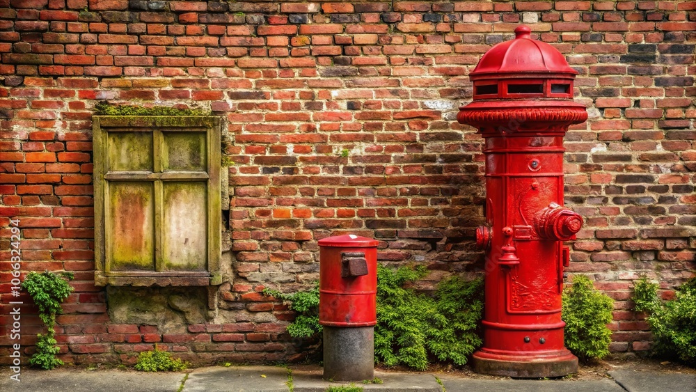 A weathered brick wall adorned with a faded window, a vintage red fire hydrant, and a rusty red mailbox, creating a nostalgic urban scene. A weathered brick wall adorned with a faded window, a vintage red fire hydrant, and a rusty red mailbox, creating a nostalgic urban scene.