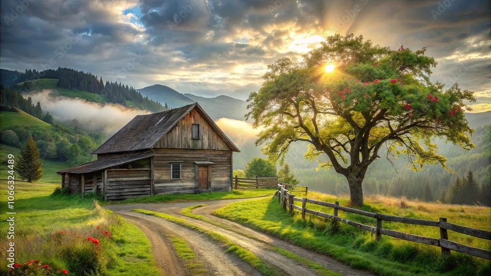 A Rustic Cabin Nestled Among Misty Mountains, Bathed in Golden Sunlight, with a Lush Green Meadow and a Majestic Tree Reaching Towards the Sky A Rustic Cabin Nestled Among Misty Mountains, Bathed in Golden Sunlight, with a Lush Green Meadow and a Majestic Tree Reaching Towards the Sky