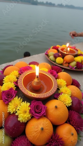 Colorful Offering of Fruits Flowers and Diyas Carefully Arranged for Sacred Chhath Puja Worship by the River. photo