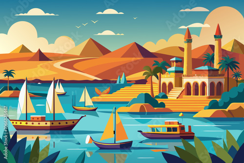 Tropical Paradise with Sunset & Pyramids illustration with a tropical island