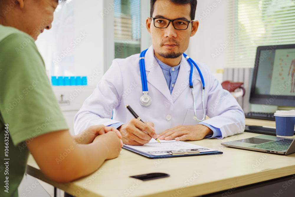 Fototapeta premium A male doctor sits at a desk in a hospital,reviewing a female patient’s medical history.He provides compassionate advice for depression, addressing symptoms like sadness,hopelessness, anger, anxiety