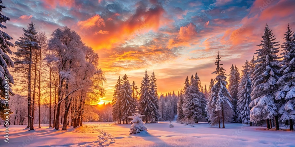 A Frozen Wonderland Under a Sky of Crimson and Gold, with a Path Leading Through the Snow-Covered Trees A Frozen Wonderland Under a Sky of Crimson and Gold, with a Path Leading Through the Snow-Covered Trees