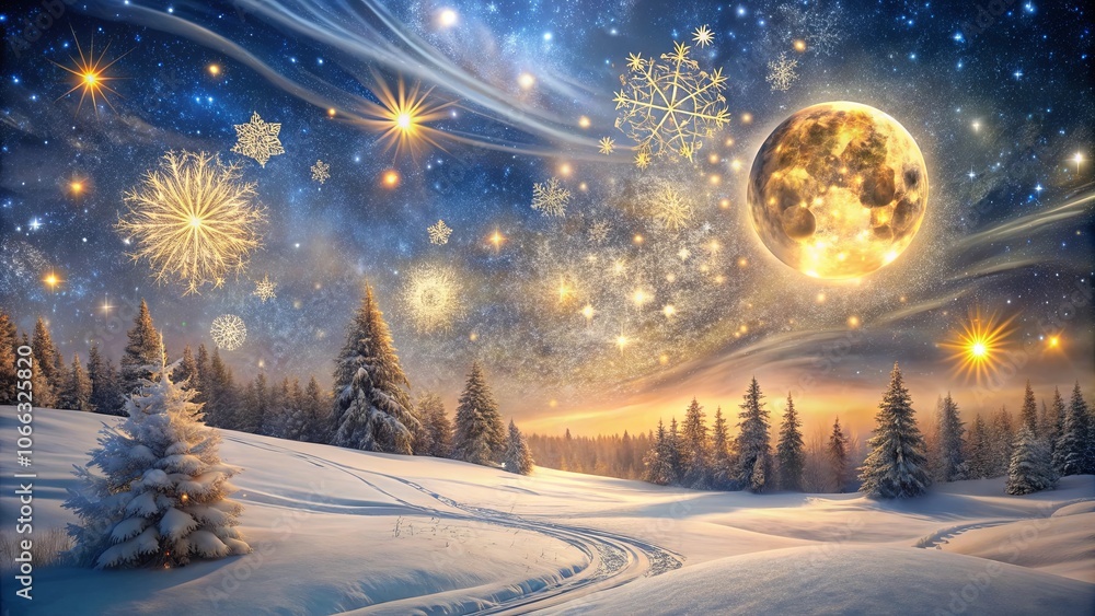 A Dreamy Winter Wonderland with a Celestial Glow and a Large, Illuminated Moon Over a Snow-Covered Forest A Dreamy Winter Wonderland with a Celestial Glow and a Large, Illuminated Moon Over a Snow-Covered Forest
