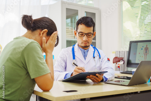 Wallpaper Mural A male doctor sits at a desk in a hospital,reviewing a female patient’s medical history.He provides compassionate advice for depression, addressing symptoms like sadness,hopelessness, anger, anxiety Torontodigital.ca