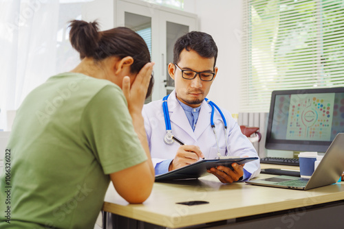 A male doctor sits at a desk in a hospital,reviewing a female patient’s medical history.He provides compassionate advice for depression, addressing symptoms like sadness,hopelessness, anger, anxiety