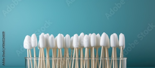 Closeup of a row of white cotton swabs in a glass jar with a blue background. photo