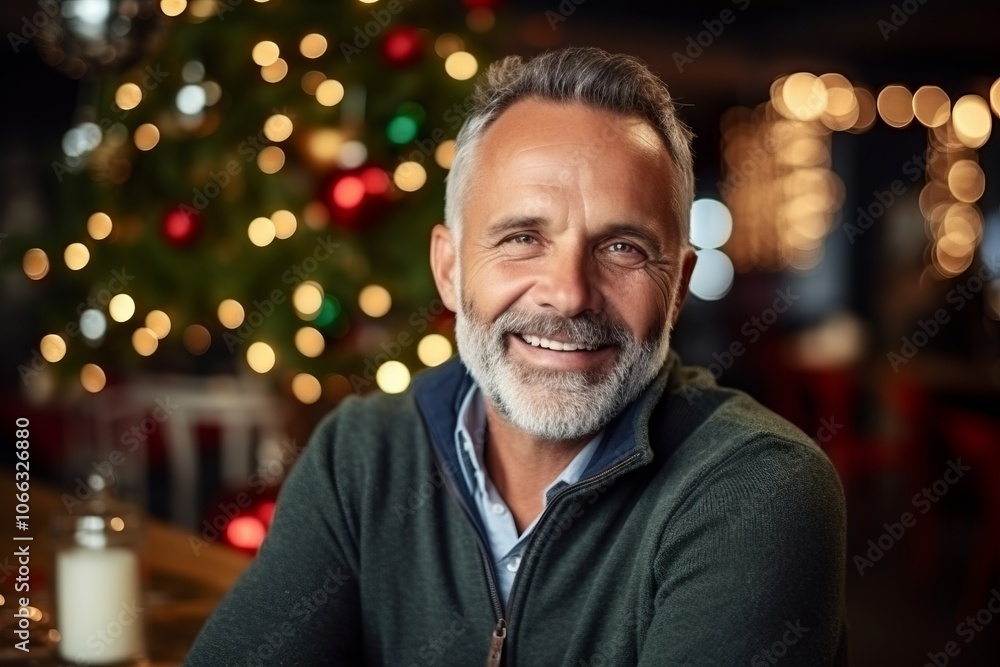 Portrait of a happy senior man sitting at a table with a Christmas tree in the background Portrait of a happy senior man sitting at a table with a Christmas tree in the background