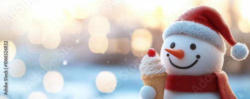 Christmas snowman holding a festive ice cream sundae, snowy background, 3D illustration