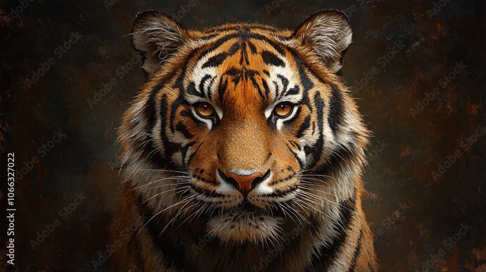 Fototapeta premium A close-up portrait of a majestic tiger with piercing eyes and striking stripes, set against a dark, textured background.