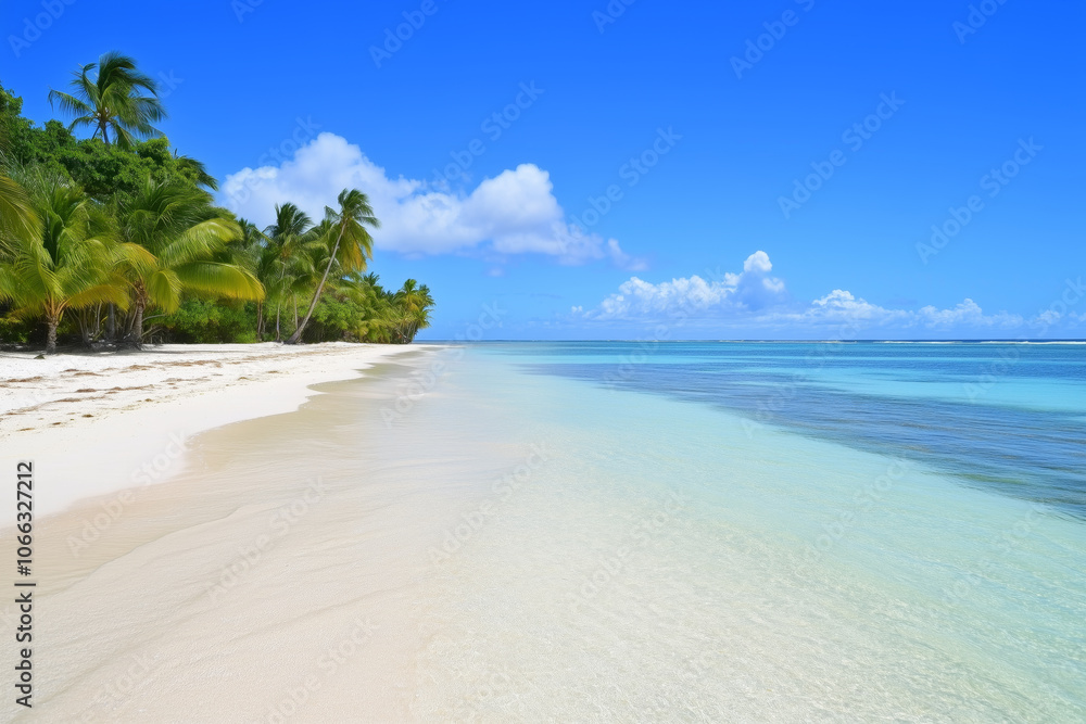 Idyllic Tropical Beach with Palm Trees and Clear Blue Waters Idyllic Tropical Beach with Palm Trees and Clear Blue Waters