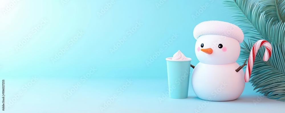 Ice cream snowman with candy cane arms, wintery scene, 3D illustration Ice cream snowman with candy cane arms, wintery scene, 3D illustration