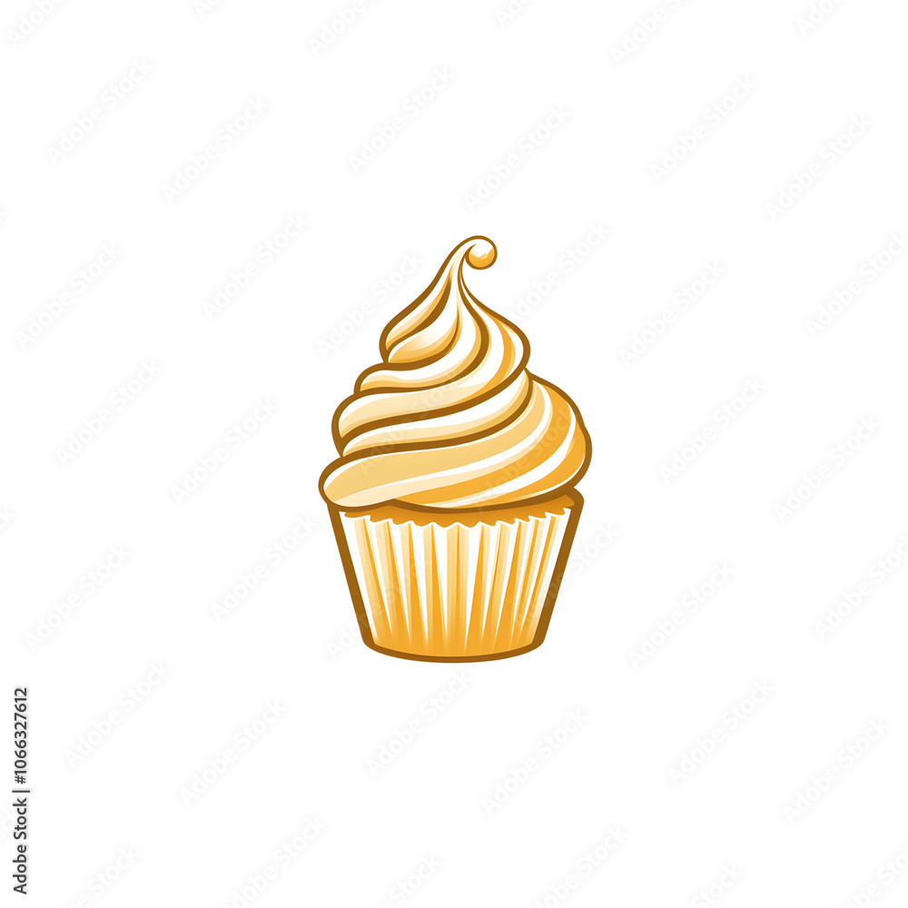 A golden cupcake with swirled frosting placed A golden cupcake with swirled frosting placed