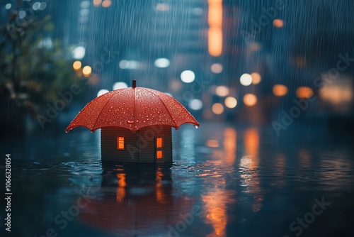 Wallpaper Mural A small house model under a red umbrella in the rain with a blurred city background. Torontodigital.ca