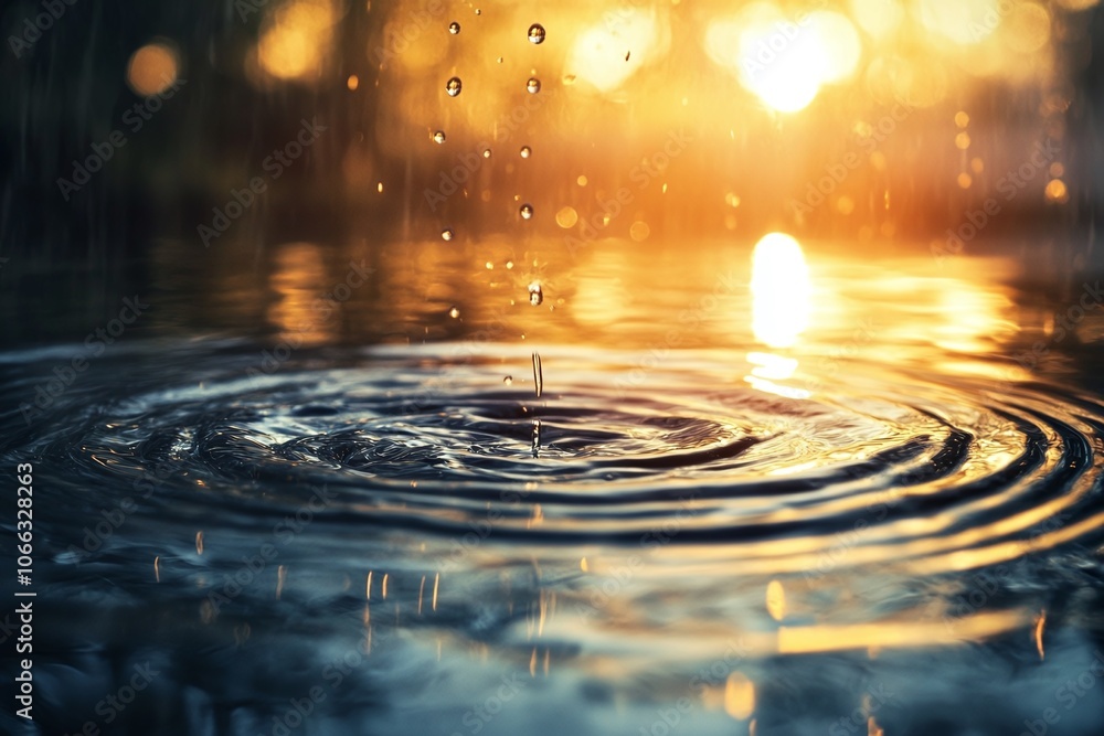 water drops on the water with circular ripples with sunlight as the background water drops on the water with circular ripples with sunlight as the background