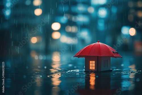 Wallpaper Mural A miniature house with a red umbrella protecting it from the rain in a city street at night. Torontodigital.ca