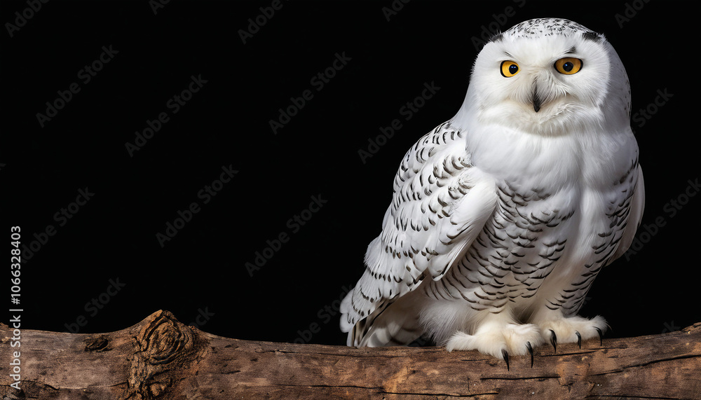 Obraz premium A snowy owl (bubo scandiacus) perched on wooden branch on black background. Suitable for marketing or business purposes. Panoramic banner with place for text