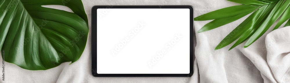 Tablet mockup with tropical leaves on white background, showcase your app or website design Tablet mockup with tropical leaves on white background, showcase your app or website design
