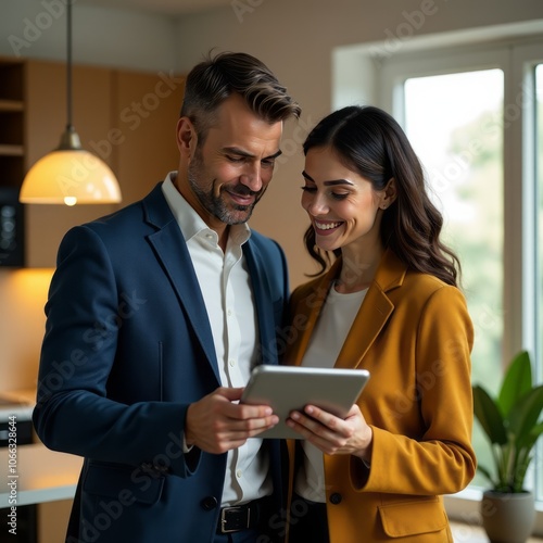 Couple and realtor with tablet pc at new home real estate 