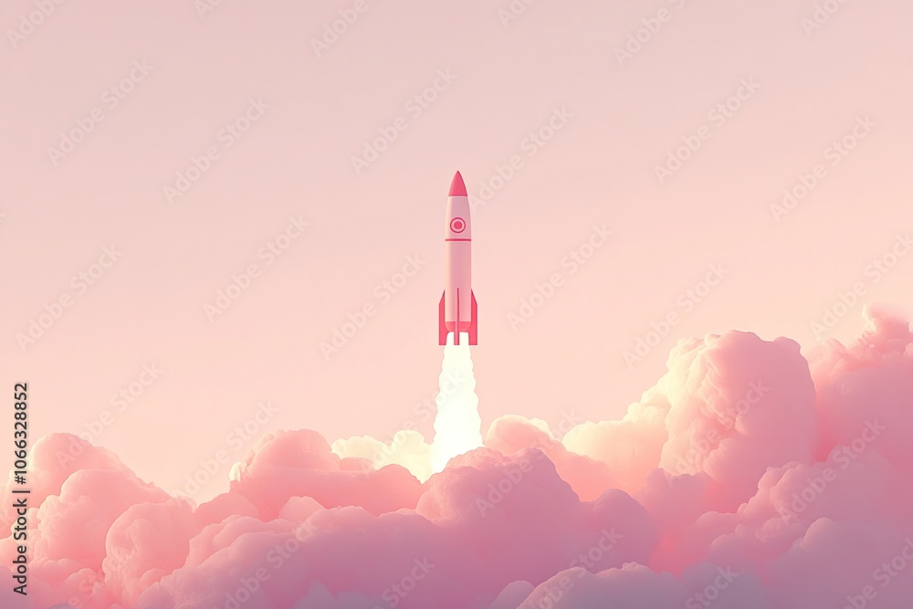 Fototapeta premium A white and red rocket ship blasts off into the sky, breaking through pink clouds.