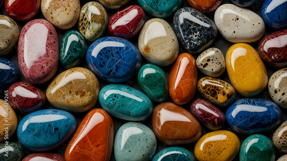 Collection of Smooth Colorful Polished Gemstones Displayed on Blue Background for Decoration Collection of Smooth Colorful Polished Gemstones Displayed on Blue Background for Decoration