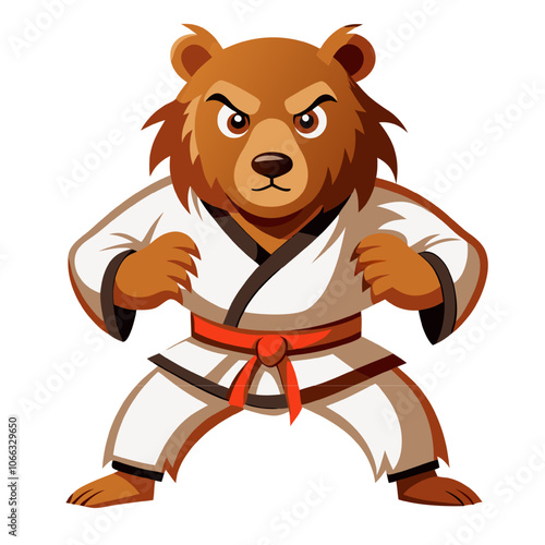 Bearded Karate Master: A fierce and determined cartoon bear in a white karate gi with a red belt stands in a fighting stance, ready to unleash its power.  