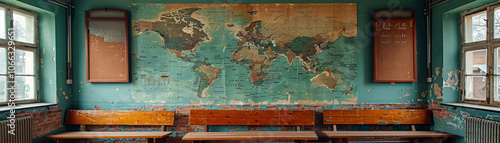 Explore the rich history of geography in a classroom with an engaging world map on the wall photo