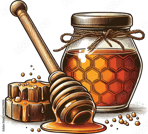 Wooden Honey Dipper Resting Beside a Jar of Golden Honey