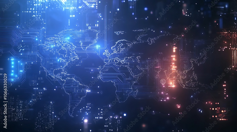 Obraz premium Digital World Map with High Tech Circuit Board Network Layout Photo