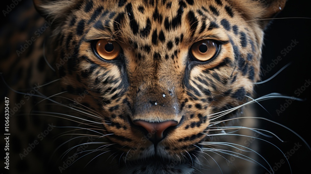 A close-up portrait of a leopard with piercing amber eyes. Its spotted coat is a stark contrast against the dark background. A close-up portrait of a leopard with piercing amber eyes. Its spotted coat is a stark contrast against the dark background.