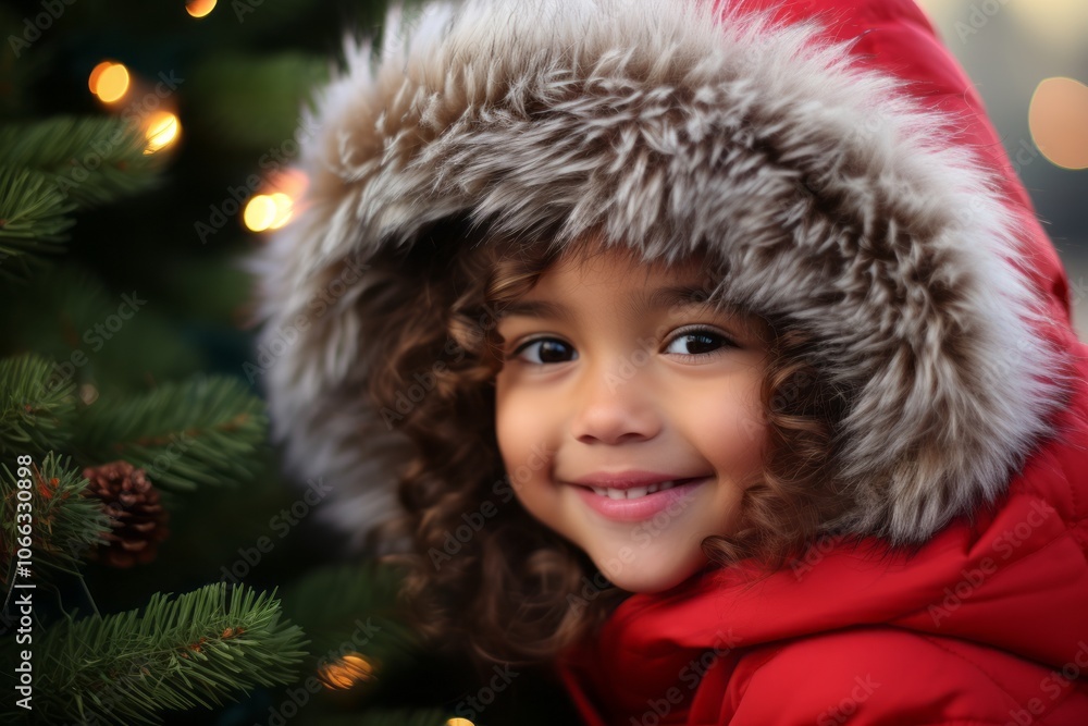 Closeup portrait of a smiling little girl in a red jacket and a fur hood near the Christmas tree. Closeup portrait of a smiling little girl in a red jacket and a fur hood near the Christmas tree.