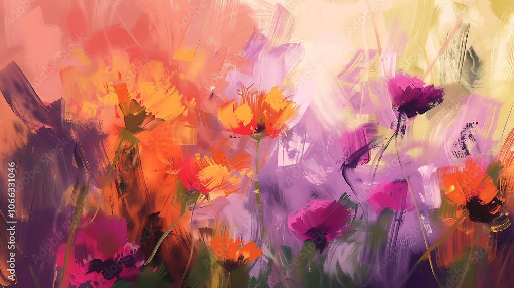 An abstract painting of wildflowers with bold, expressive brushstrokes and a mix of vibrant and muted colors, creating a sense of movement and spontaneity. 8k UHD, suitable for high-quality An abstract painting of wildflowers with bold, expressive brushstrokes and a mix of vibrant and muted colors, creating a sense of movement and spontaneity. 8k UHD, suitable for high-quality