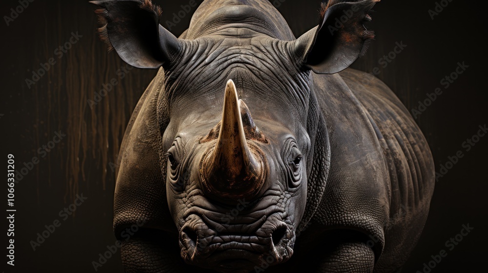 A close-up portrait of a white rhinoceros staring directly at the camera against a dark brown background. A close-up portrait of a white rhinoceros staring directly at the camera against a dark brown background.