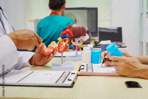 Three doctors meet at hospital desks, discussing cardio-liver disease complexities,including HCV-related heart disease, myocardial hypertrophy, tricuspid regurgitation, emphasizing treatment options photo