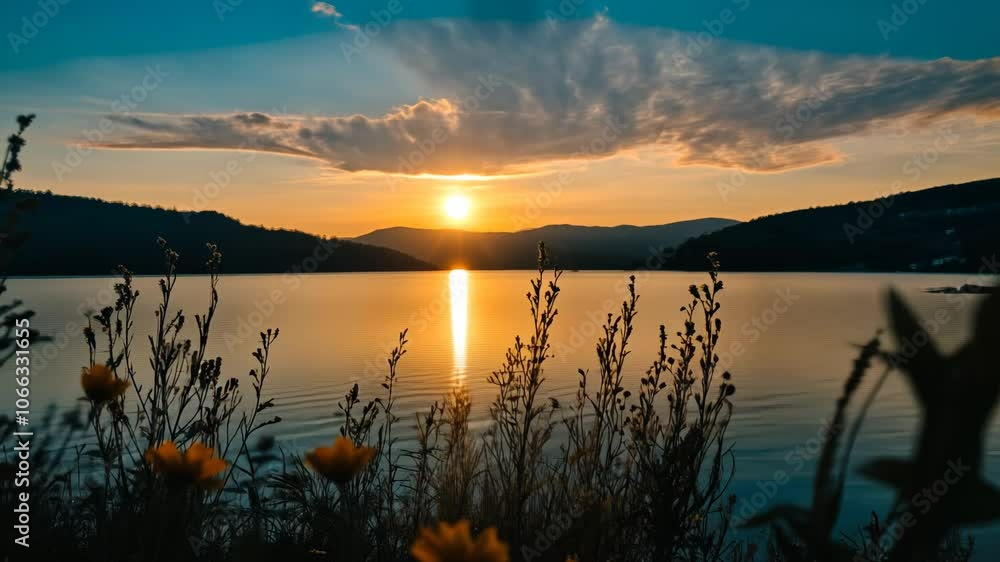A breathtaking sunset over a calm lake with the reflection of the sun shining on the water and a mountain range in the background. A breathtaking sunset over a calm lake with the reflection of the sun shining on the water and a mountain range in the background.