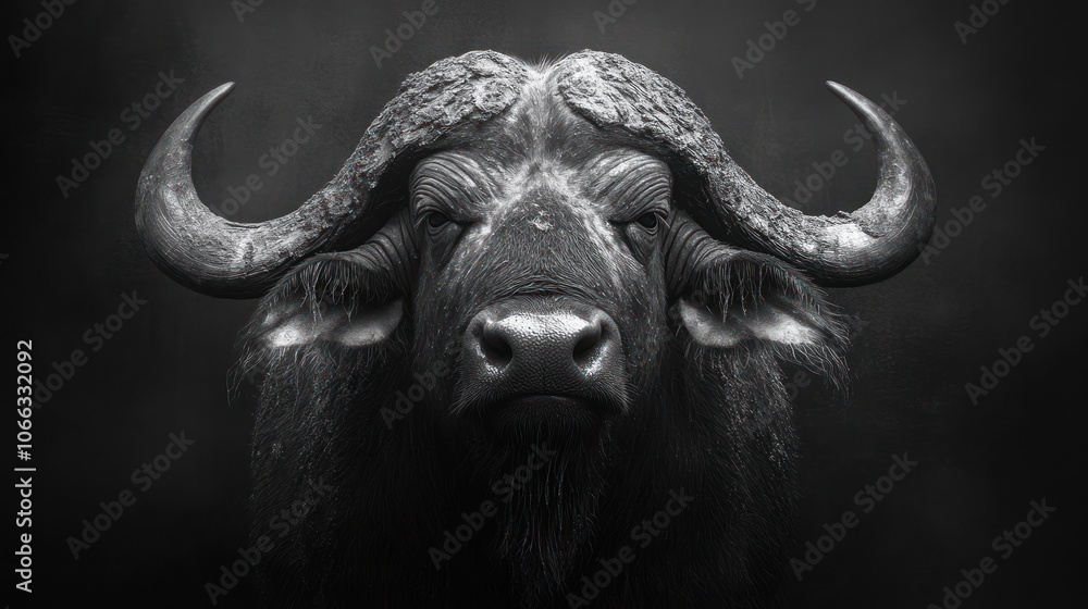 A close-up portrait of a buffalo with large horns, looking directly at the camera against a dark, moody background. A close-up portrait of a buffalo with large horns, looking directly at the camera against a dark, moody background.