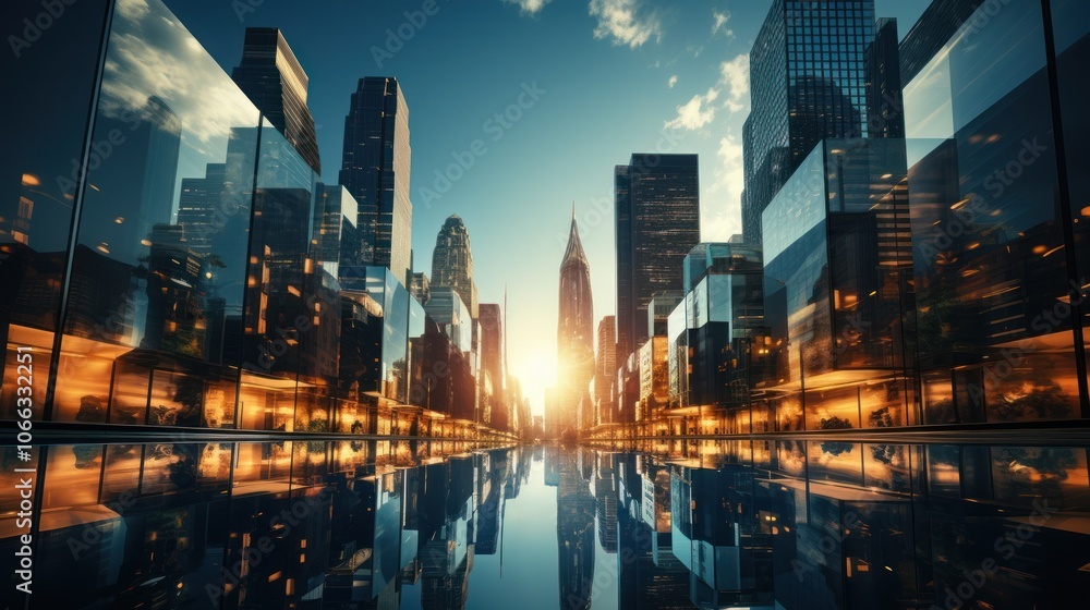 A futuristic cityscape with skyscrapers reflecting in a water feature at sunset. A futuristic cityscape with skyscrapers reflecting in a water feature at sunset.