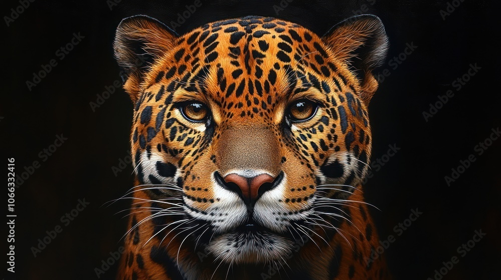 Obraz premium Close-up portrait of a jaguar with intense gaze and detailed fur pattern against a black background.