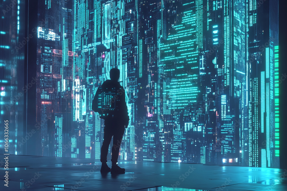 A person standing in front of window facing skyscraper with technology background A person standing in front of window facing skyscraper with technology background
