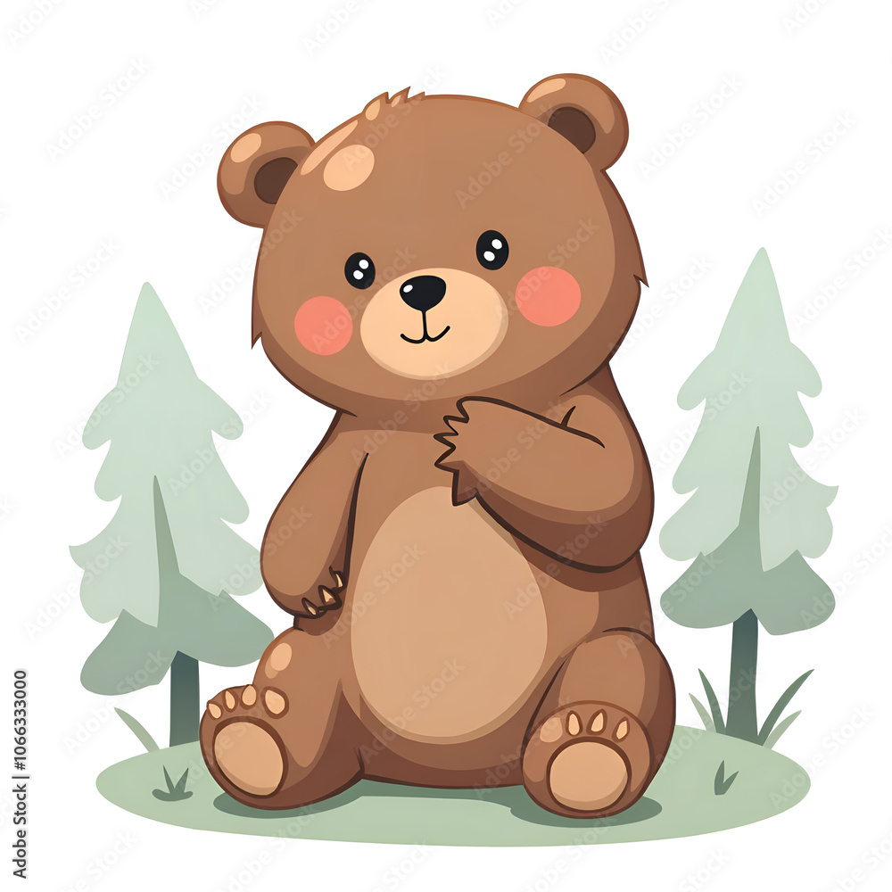 Fototapeta premium Embrace the charm of nature through the eyes of a playful bear in a serene forest setting, digital illustration of cute character design concept.