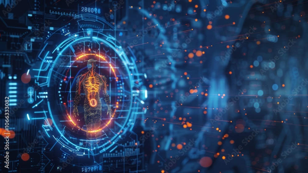 Obraz premium Futuristic medical interface scanning human body, showing skeleton and nervous system, using innovative technology for healthcare and diagnostics