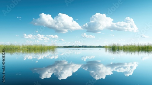 An endless expanse of blue sky dotted with fluffy white clouds, reflected in the calm surface of a serene lake, creating a sense of vastness, peace, and tranquility.