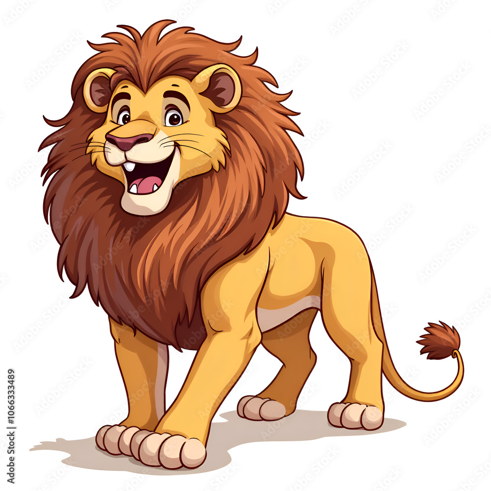 A playful and cheerful lion enjoys a sunny day in a vibrant animated world, illustration of character design concept. A playful and cheerful lion enjoys a sunny day in a vibrant animated world, illustration of character design concept.