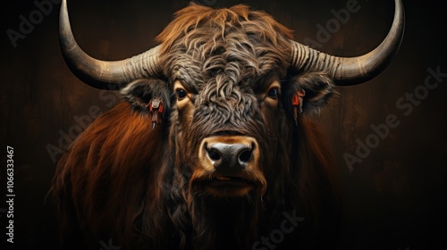 A close-up portrait of a brown bull with large horns looking directly at the camera against a dark background.