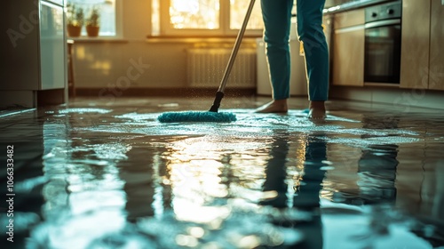 A flooded kitchen floor with a mop. This image represents the aftermath of a plumbing leak or other water damage.
