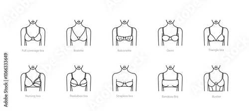 Female bra line icon set. Stylised pictograms of different type of bras - bra, bralette, balconette, triangle, nursing, strapless, bandeau. . Editable stroke, linear illustration. Minimalist