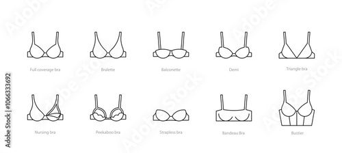 Lingerie line icon set - bra, bralette, balconette, triangle, nursing, strapless, bandeau. Stylised pictograms of different type of bras. Editable stroke, linear illustration. Minimalist
