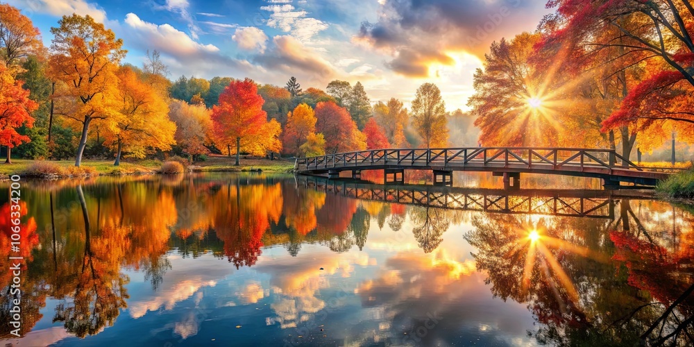 Fototapeta premium A wooden bridge spanning a tranquil lake, surrounded by vibrant autumn foliage, bathed in the golden glow of a setting sun, creating a mesmerizing reflection of nature's beauty.