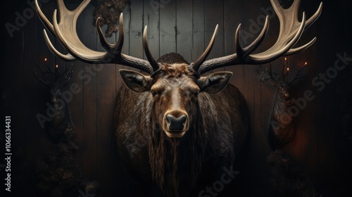 A mounted deer head with large antlers hangs on a wooden wall with two smaller deer heads on either side. photo