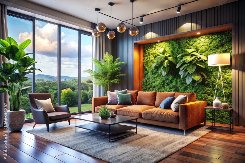 Fototapeta premium Aerial Photography of a Modern Living Room Interior Design with Sofa, Plants, Floor Lamp, Textured Wall, and Large Windows in a Contemporary Home Setting