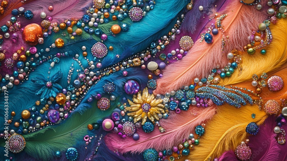 Naklejka premium Colorful Feathers Adorned with Jewels and Beads